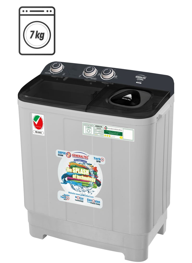 GENERALTEC Generaltec 7/5 kg Twin-tub Semi-Automatic Washing Machine, Grey/Black, efficient Top-Load Washer with Lint Filter, Spin-Dry, GW850HD, 1 Year Warranty 