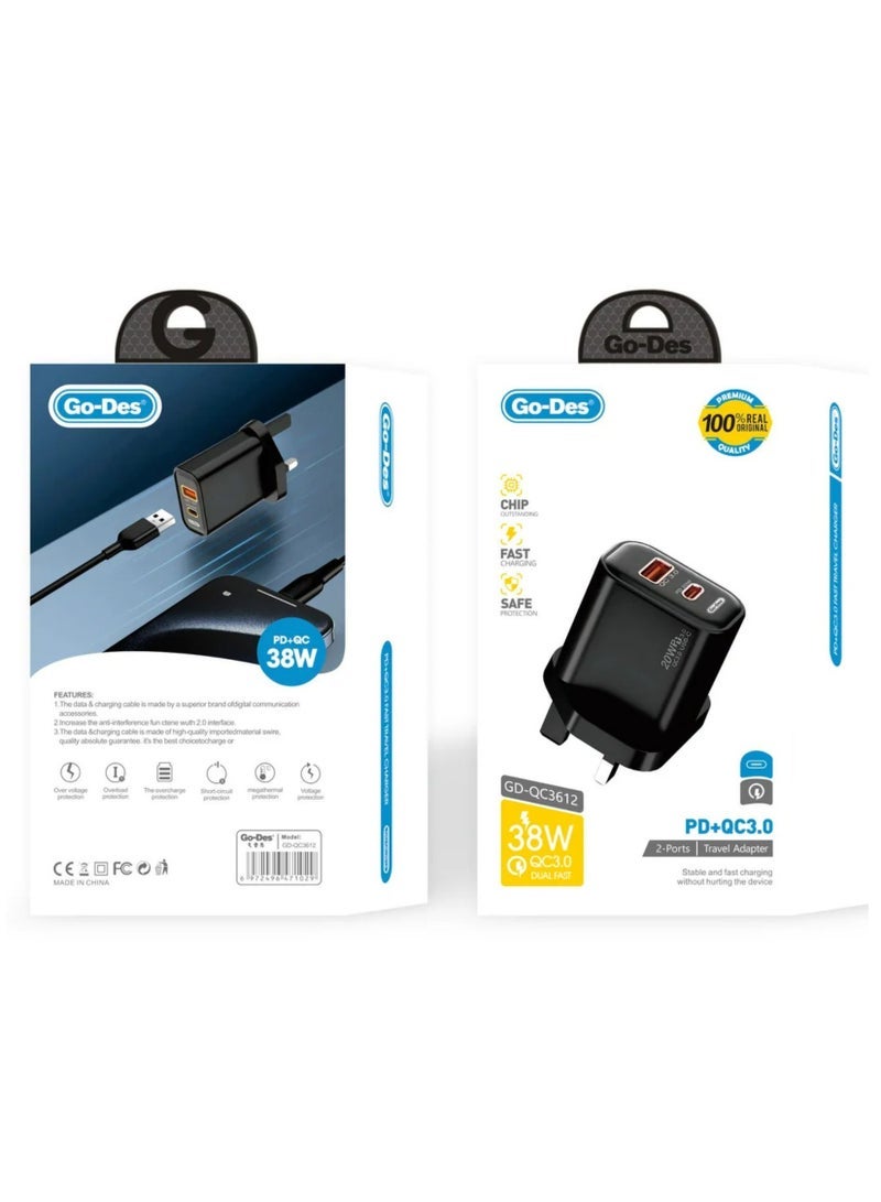 GO-DES 38W PD + QC 3.0 Dual-Port Fast Travel Charger – USB-C & USB-A Wall Adapter with Smart Protection, Compact Design, Universal Compatibility, High-Speed Charging for iPhone, Android, Tablets & More - Image 3