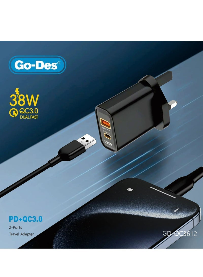 GO-DES 38W PD + QC 3.0 Dual-Port Fast Travel Charger – USB-C & USB-A Wall Adapter with Smart Protection, Compact Design, Universal Compatibility, High-Speed Charging for iPhone, Android, Tablets & More - Image 2