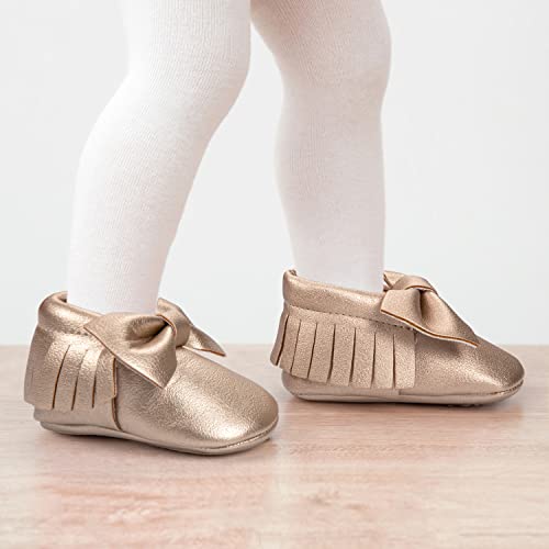 HONGTEYA Baby Moccasins with Rubber Sole - Flower Print PU Leather Tassel Bow Girls Ballet Dress Shoes for Toddler (6-12 Months/US 5/4.72''/ See Size Chart, Gold) - Image 2