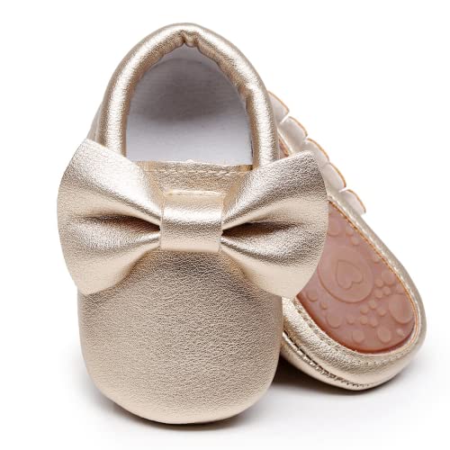 HONGTEYA Baby Moccasins with Rubber Sole - Flower Print PU Leather Tassel Bow Girls Ballet Dress Shoes for Toddler (6-12 Months/US 5/4.72''/ See Size Chart, Gold) - Image 1
