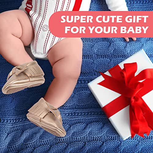 HONGTEYA Baby Moccasins with Rubber Sole - Flower Print PU Leather Tassel Bow Girls Ballet Dress Shoes for Toddler (6-12 Months/US 5/4.72''/ See Size Chart, Gold) - Image 4