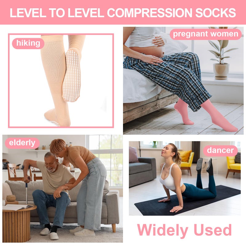 Croloose 3 Pair Non Slip Compression Socks for Women Men 20-30mmhg Graduated Compression Socks with Grips for Nurse Pregnancy(Black,Nude, Pink,Basic) - Image 4