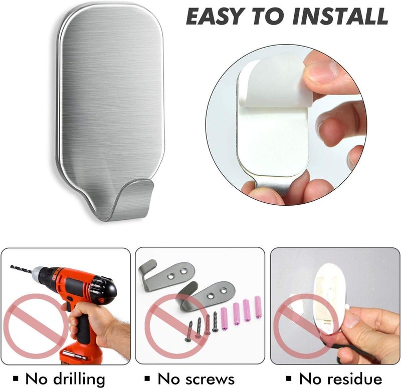 Tebrun Stainless Steel Adhesive Wall Hooks - 10 Pack for Home and Bathroom - Image 3