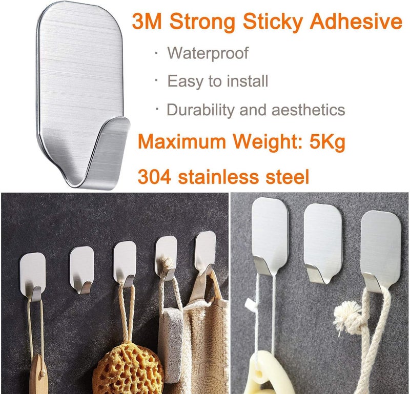 Tebrun Stainless Steel Adhesive Wall Hooks - 10 Pack for Home and Bathroom - Image 4