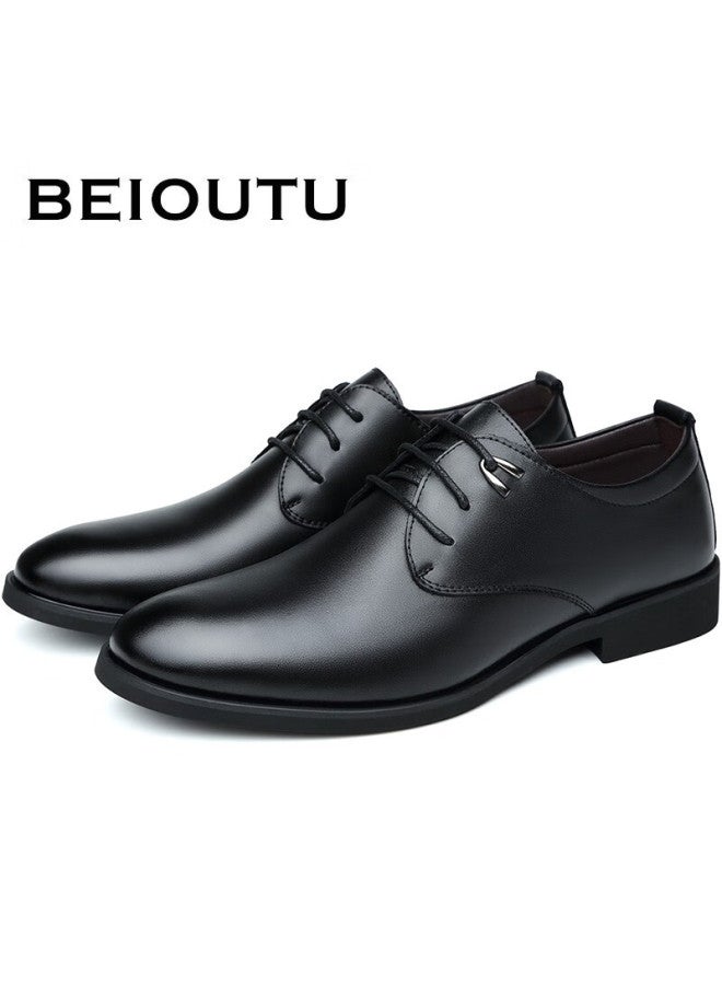 Beioutu Men's Leather Dress Shoes Fashion Trend Lace-up Wedding Low-top Cowhide Business Casual Shoes 511 Black 42 - Image 3