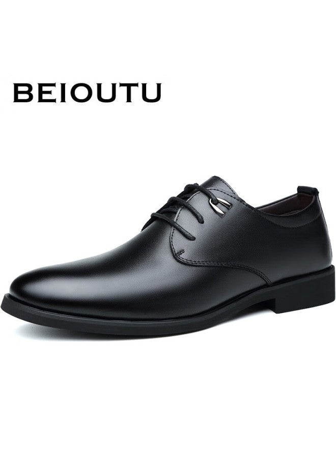 Beioutu Men's Leather Dress Shoes Fashion Trend Lace-up Wedding Low-top Cowhide Business Casual Shoes 511 Black 42 - Image 2