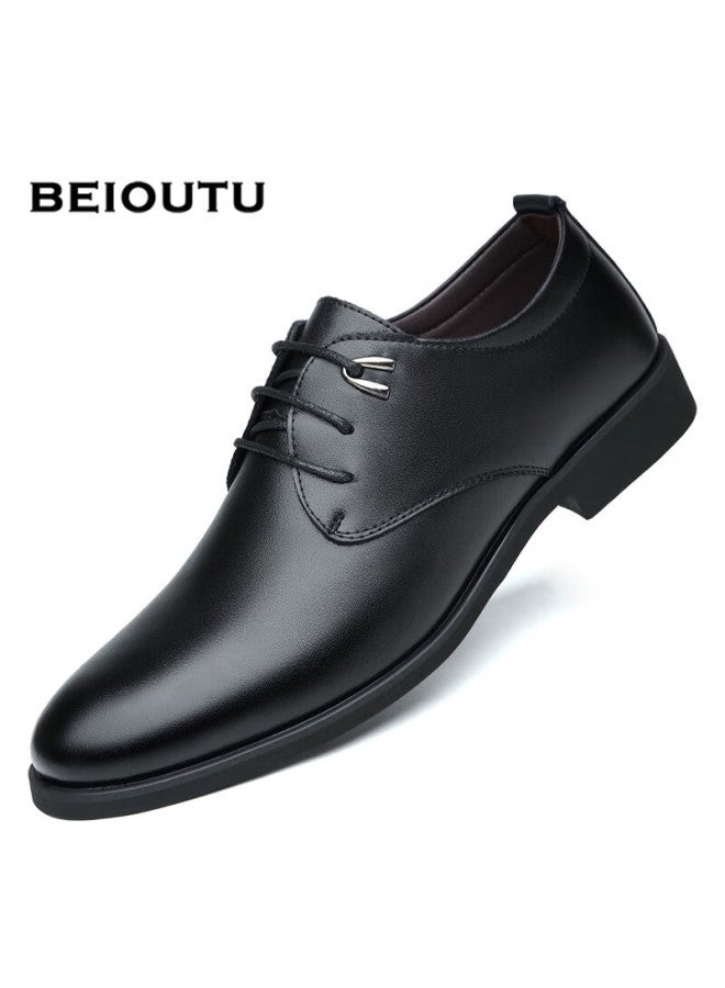 Beioutu Men's Leather Dress Shoes Fashion Trend Lace-up Wedding Low-top Cowhide Business Casual Shoes 511 Black 42 - Image 1