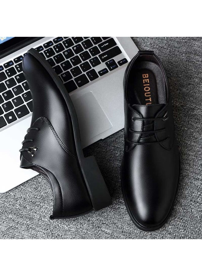 Beioutu Men's Leather Dress Shoes Fashion Trend Lace-up Wedding Low-top Cowhide Business Casual Shoes 511 Black 42 - Image 5