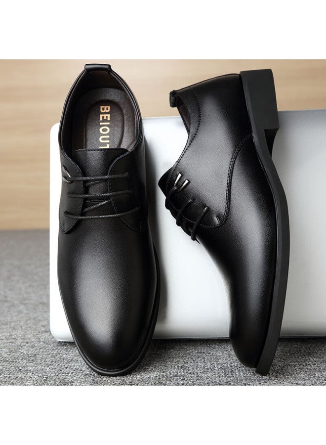 Beioutu Men's Leather Dress Shoes Fashion Trend Lace-up Wedding Low-top Cowhide Business Casual Shoes 511 Black 42 - Image 4