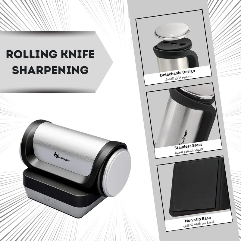 businager Professional Rolling Knife Sharpener with 4 Angles - Stainless Steel & Diamond Tools - Ideal for All Knives in Home & Restaurant Kitchens (Black) - Image 4