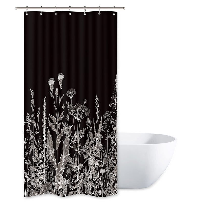 Riyidecor Small Stall Wildflower Plant Shower Curtain 36Wx72H Inch Black Background Botanical Floral Border Herbs Leaves Decor Nature Vintage Bathroom Fabric Polyester Waterproof 7 Pack Plastic Hooks - Image 1