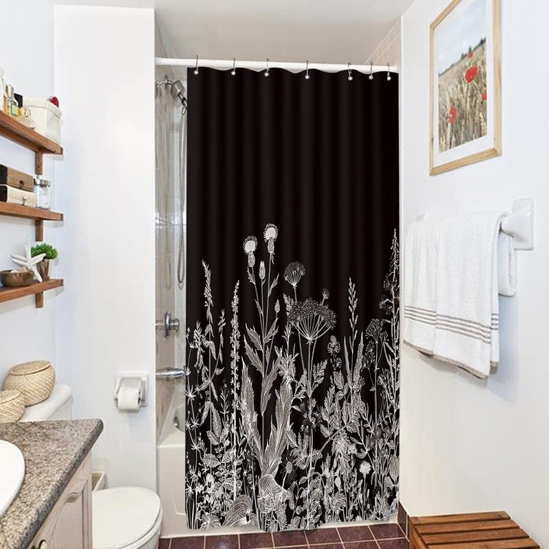 Riyidecor Small Stall Wildflower Plant Shower Curtain 36Wx72H Inch Black Background Botanical Floral Border Herbs Leaves Decor Nature Vintage Bathroom Fabric Polyester Waterproof 7 Pack Plastic Hooks - Image 4