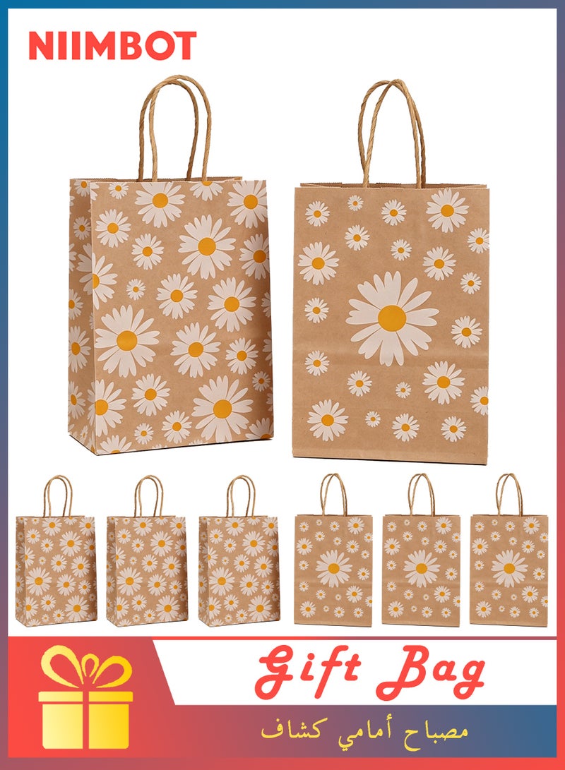 NIIMBOT 8 Pcs Daisy Gift Bags, Kraft Paper Tote Bags for Party Gift Wrapping, Printed Takeaway Food Bags, Wholesale Shopping Bags Reusable, Flower Bags for Gifts and Distributions Decorated with Flowers, 21×15×8 cm - Image 1