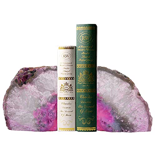 AMOYSTONE 2-3 Lbs Small Agate Bookends 1 Pair Natural Crystal Dyed Pink Decorative Book Stopper for Books Movies Cds - Image 2