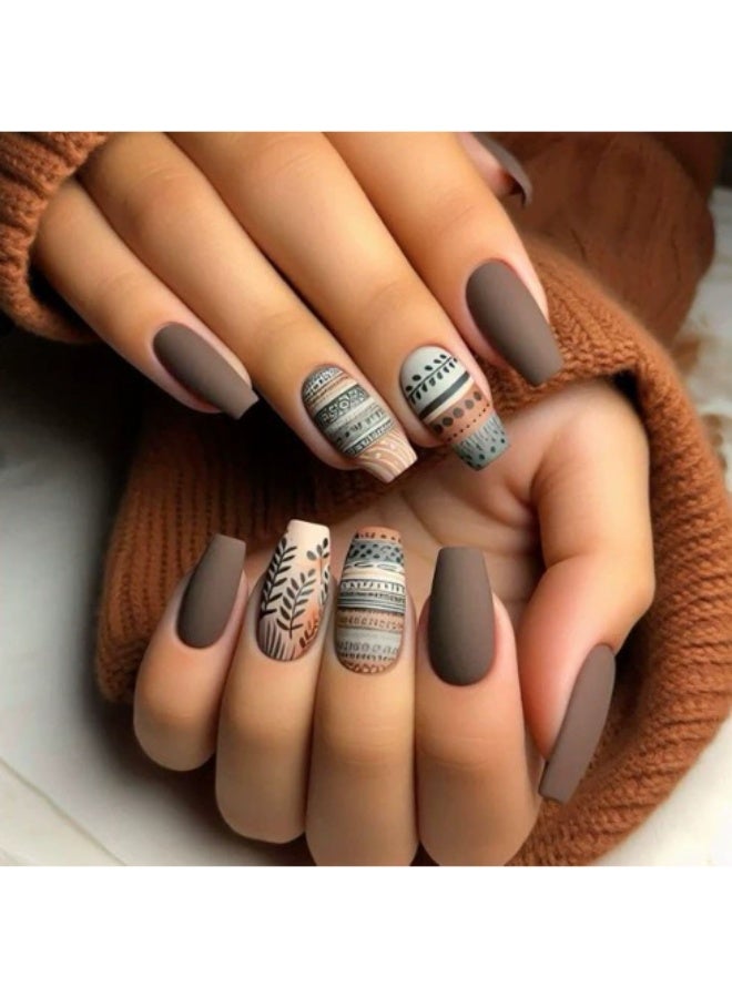 Goolsky Premium Long Ballet Press-on Nails with Retro Brown Geometric & Plant Patterns for Elegant Charm - Image 1
