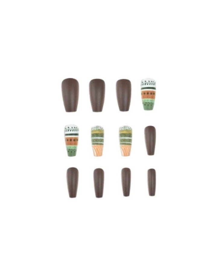 Goolsky Premium Long Ballet Press-on Nails with Retro Brown Geometric & Plant Patterns for Elegant Charm - Image 2