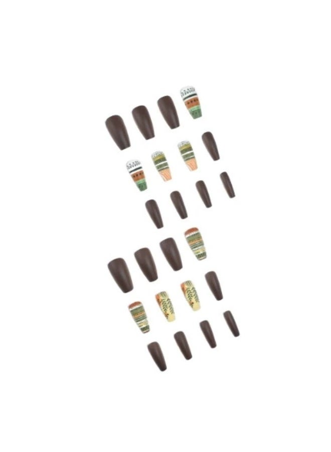 Goolsky Premium Long Ballet Press-on Nails with Retro Brown Geometric & Plant Patterns for Elegant Charm - Image 3