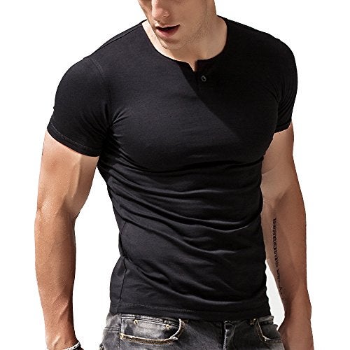 palglg Mens Short Sleeve Cotton Muscle Slim Fitted Sport Henley T-Shirt with Button Black XL - Image 1