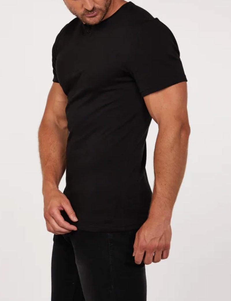 palglg Mens Short Sleeve Cotton Muscle Slim Fitted Sport Henley T-Shirt with Button Black XL - Image 3