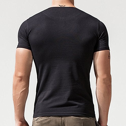 palglg Mens Short Sleeve Cotton Muscle Slim Fitted Sport Henley T-Shirt with Button Black XL - Image 2