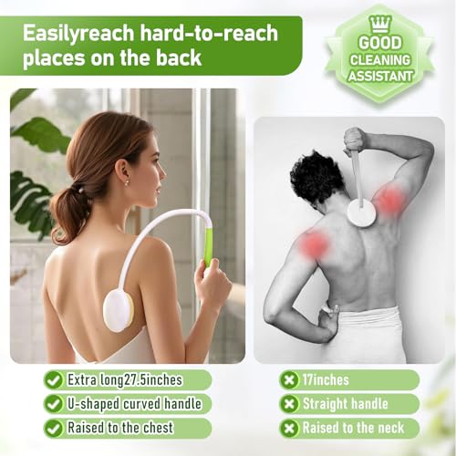Fanwer 27.5” Back Bath Brush Long Handle for Shower and Silicone Body Scrubber, Shower Back Scrubber with Curved Handle for Elderly, Disabled, Limited Mobility, Post-Surgery, Frozen Shoulder - Image 2