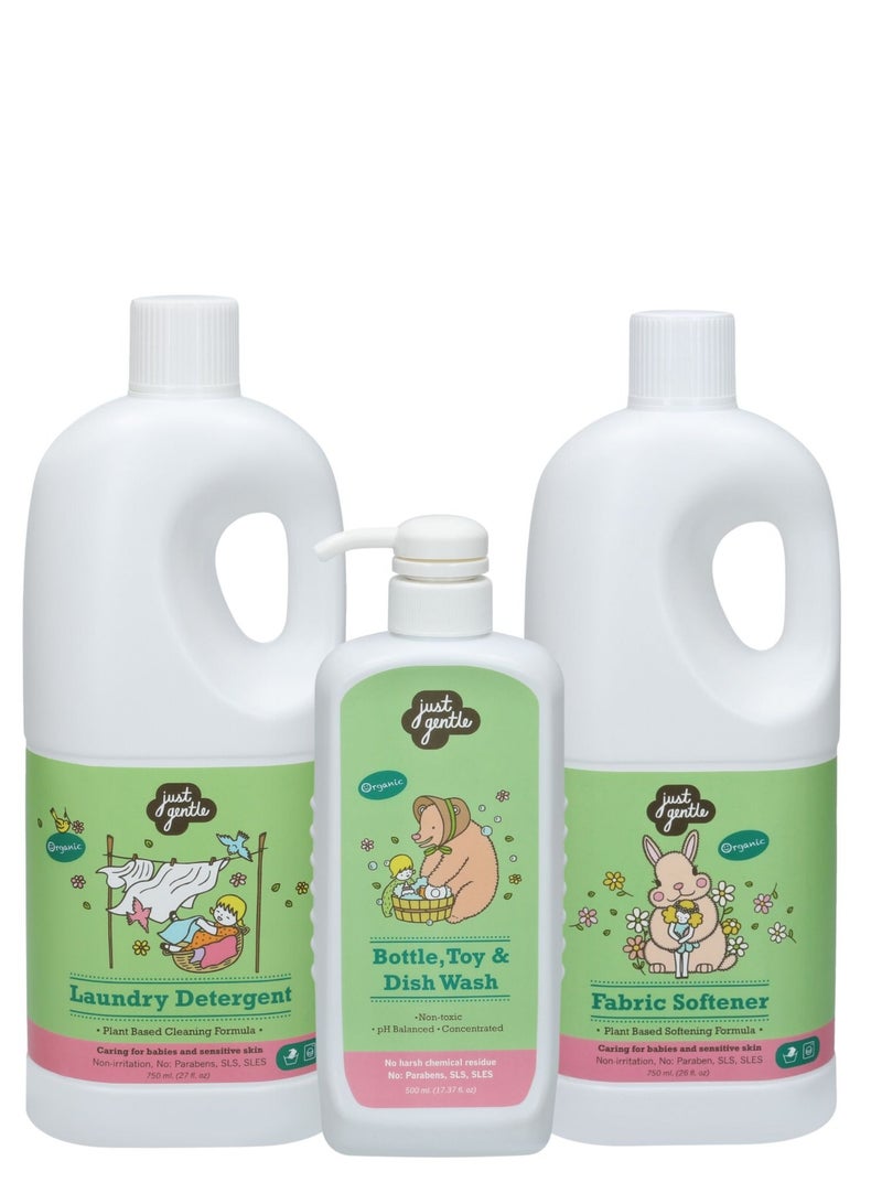 Just Gentle The 3 Musketeers - Plant Based Cleaners- Essential Trio for Gentle Care - Laundry Detergent 750ml + Fabric Softner 750ml + Bottle, Toys & Dishwash 500 ml - Image 1