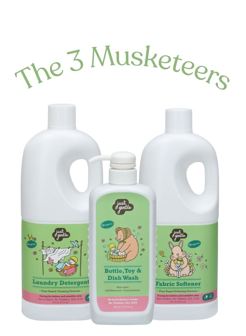Just Gentle The 3 Musketeers - Plant Based Cleaners- Essential Trio for Gentle Care - Laundry Detergent 750ml + Fabric Softner 750ml + Bottle, Toys & Dishwash 500 ml - Image 2