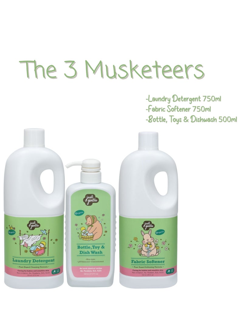 Just Gentle The 3 Musketeers - Plant Based Cleaners- Essential Trio for Gentle Care - Laundry Detergent 750ml + Fabric Softner 750ml + Bottle, Toys & Dishwash 500 ml - Image 3