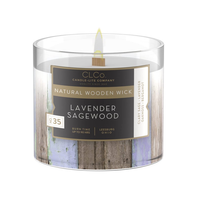 CANDLE-LITE CLCo by CandleLite Company Scented Candles Lavender Sagewood Fragrance One 14 oz Single Wooden Wick Aromatherapy Candle with 90 Hours of Burn Time White Color
