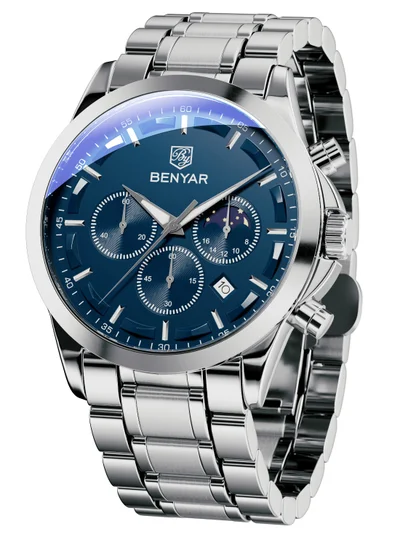 بينيار بواسطة بينيار الرجال ساعة كرونوغراف 30 متر للماء مضيئة كلاسيكية ساعات الأزياء رقم كبير تاريخ التناظرية ساعة الكوارتز هدية أنيقة للرجال