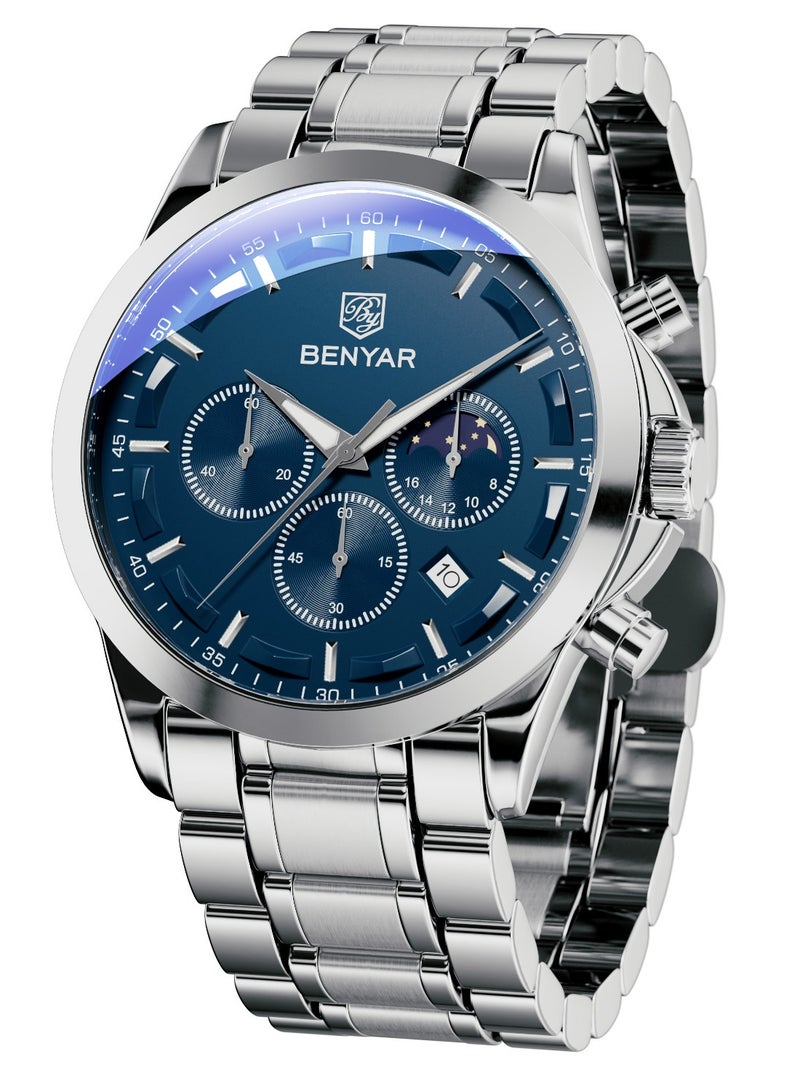 BENYAR BY BENYAR Men's Chronograph Watch 30 m Waterproof Luminous Classic Fashion Watches Large Dial Date Analogue Quartz Watch Elegant Gift for Men - Image 1