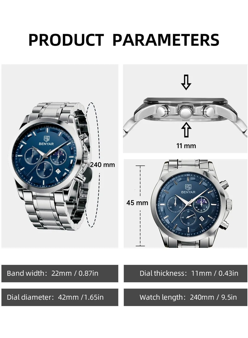 Benyar Silver B BY BENYAR Men's Chronograph Watch 30 m Waterproof Luminous Classic Fashion Watches Large Dial Date Analogue Quartz Watch Elegant Gift for Men for Men | Best Price UAE