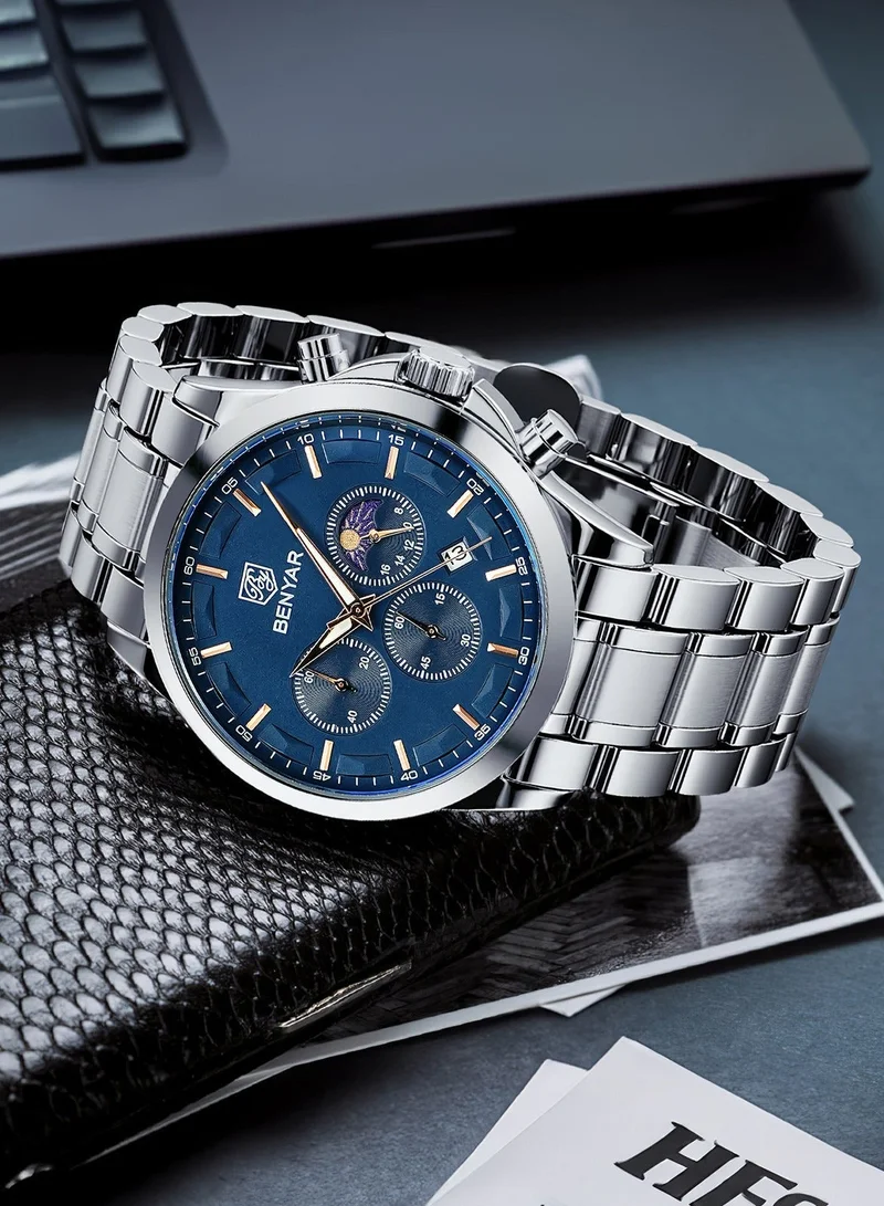 Benyar Silver B BY BENYAR Men's Chronograph Watch 30 m Waterproof Luminous Classic Fashion Watches Large Dial Date Analogue Quartz Watch Elegant Gift for Men for Men | Best Price UAE