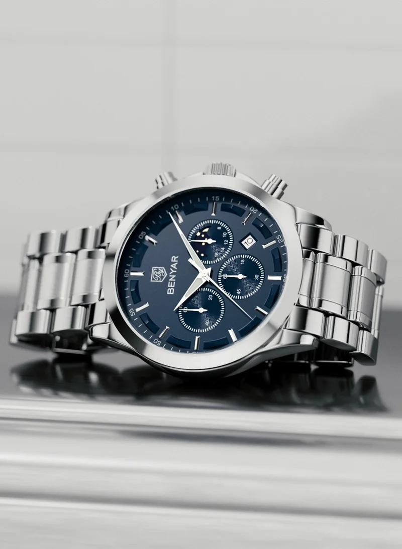 Benyar Silver B BY BENYAR Men's Chronograph Watch 30 m Waterproof Luminous Classic Fashion Watches Large Dial Date Analogue Quartz Watch Elegant Gift for Men for Men | Best Price UAE