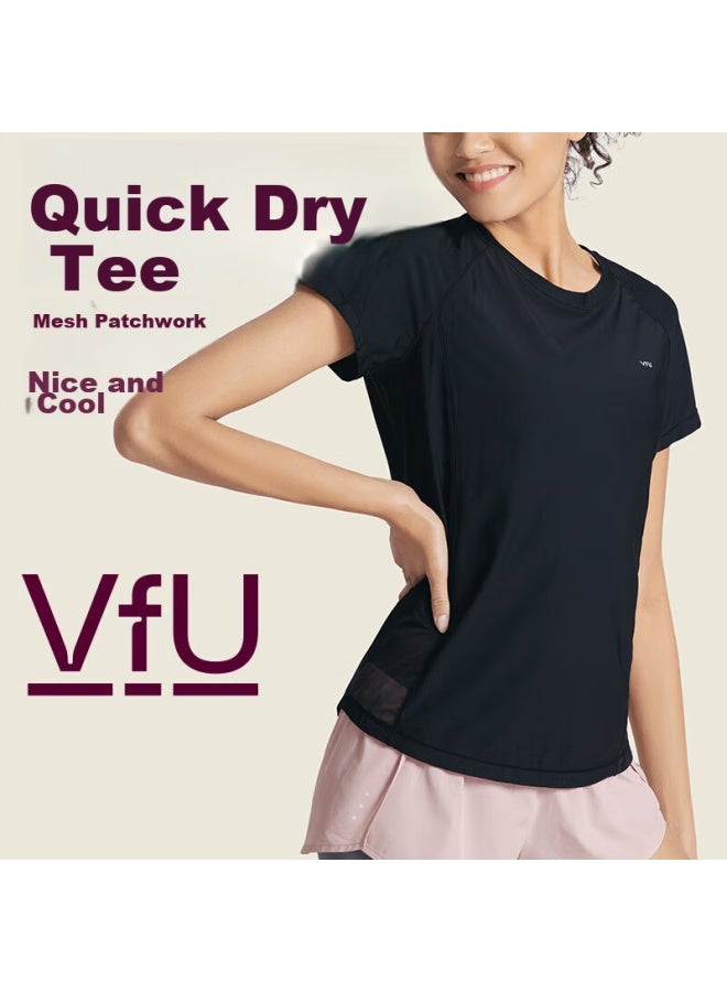 Vfu Sports T-shirt, Women's Short-sleeve, Quick-dry, Mesh Breathable, Fitness Wear, Training Yoga Outfit, Black, Size M - Image 1