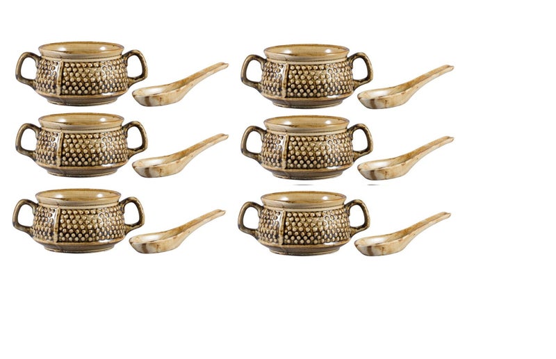 Caffeine Ceramic Handmade Metallic Wood Brown Handle Soup Bowl with Spoon - Set of 6