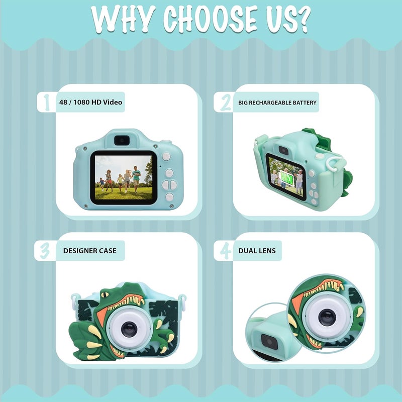 ESSENTIALEASE Kids Digital Camera 1080 Pixels HD Dinosaur Mini Video Camcorder For Boys & Girls, Age 4, 5, 8-10| 2-Inch HD Screen, Selfie | Child-Safe Design | Expandable Up To 32GB (Green) - Image 4