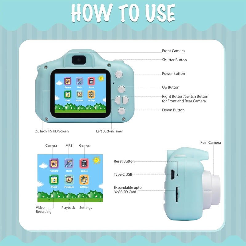 ESSENTIALEASE Kids Digital Camera 1080 Pixels HD Dinosaur Mini Video Camcorder For Boys & Girls, Age 4, 5, 8-10| 2-Inch HD Screen, Selfie | Child-Safe Design | Expandable Up To 32GB (Green) - Image 2