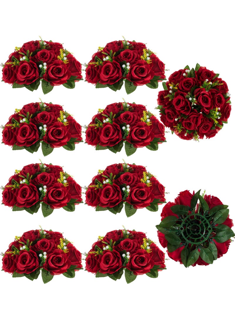 BLOSMON Flower Centerpieces for Tables Wedding: 10 Pcs Crimson Red Artificial Rose Flowers Balls Decoration - 9.5 Inch Fake Silk Kissing Floral Arrangement for Home Party Event DIY Decor - Image 1