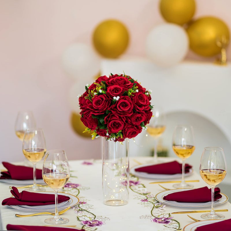 BLOSMON Flower Centerpieces for Tables Wedding: 10 Pcs Crimson Red Artificial Rose Flowers Balls Decoration - 9.5 Inch Fake Silk Kissing Floral Arrangement for Home Party Event DIY Decor - Image 3