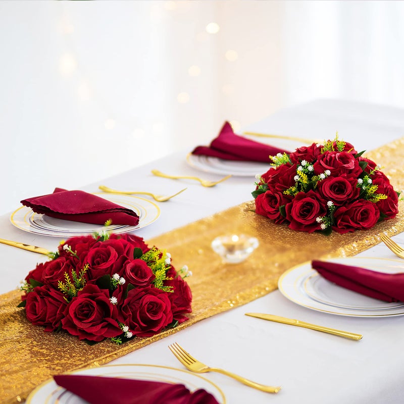 BLOSMON Flower Centerpieces for Tables Wedding: 10 Pcs Crimson Red Artificial Rose Flowers Balls Decoration - 9.5 Inch Fake Silk Kissing Floral Arrangement for Home Party Event DIY Decor - Image 2