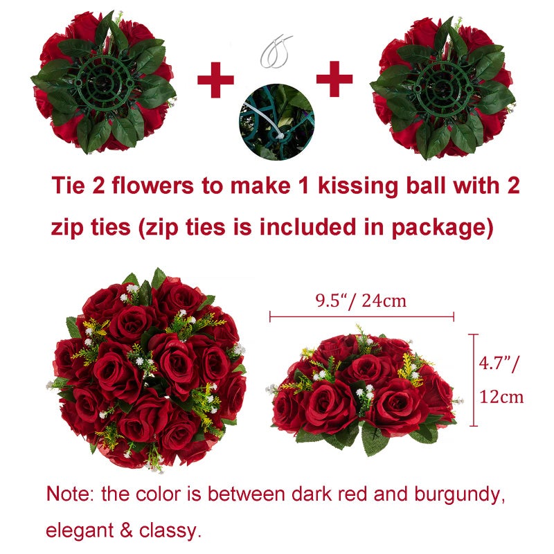 BLOSMON Flower Centerpieces for Tables Wedding: 10 Pcs Crimson Red Artificial Rose Flowers Balls Decoration - 9.5 Inch Fake Silk Kissing Floral Arrangement for Home Party Event DIY Decor - Image 4