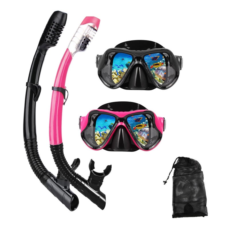 DIPUKI Snorkeling Gear for Adults Snorkel mask Set Scuba Diving mask Dry Snorkel Swimming Glasses Swim Dive mask Nose Cover Youth Diving BlackPink2 Pack