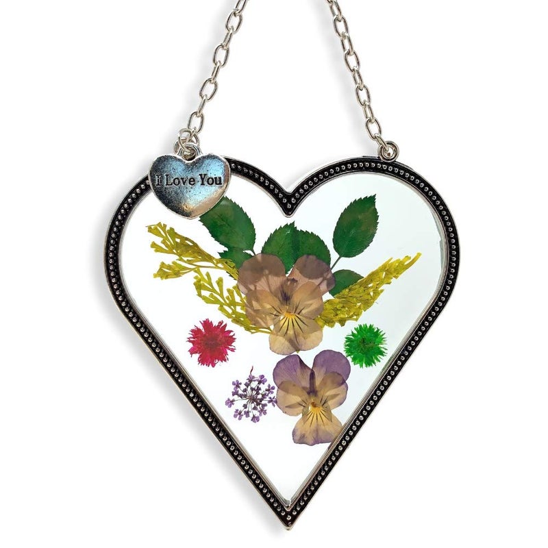 BANBERRY DESIGNS Heart Suncatcher with Love  Pressed Flower Stained Glass Sun Catcher  Anniversary  I Love You  Birthday  Special Occasion Gift  6 Hanging Height  Window Hanger with Suction Cup 