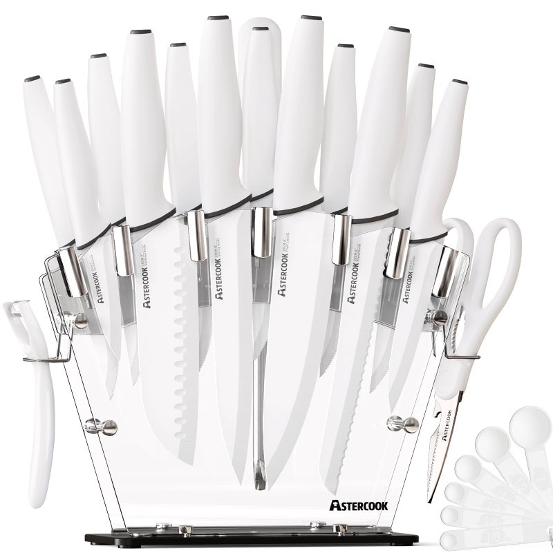 Astercook Knife Set with Block and Sharpener, 22 Piece Kitchen Knife Set Dishwasher Safe, Space-Saving Clear Knife Block with Knives for Everyday Home Cooking White - Image 1