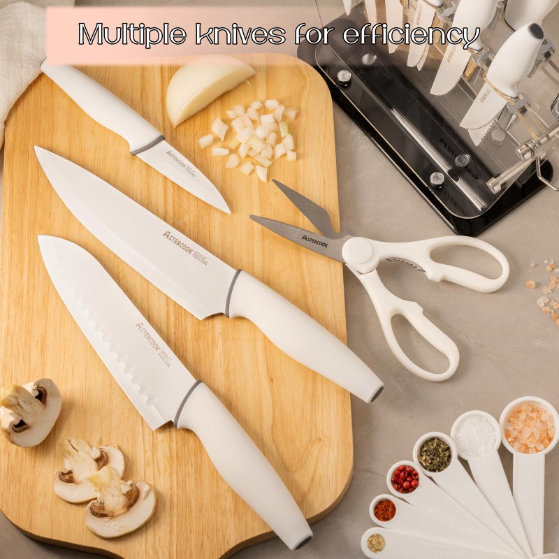 Astercook Knife Set with Block and Sharpener, 22 Piece Kitchen Knife Set Dishwasher Safe, Space-Saving Clear Knife Block with Knives for Everyday Home Cooking White - Image 2