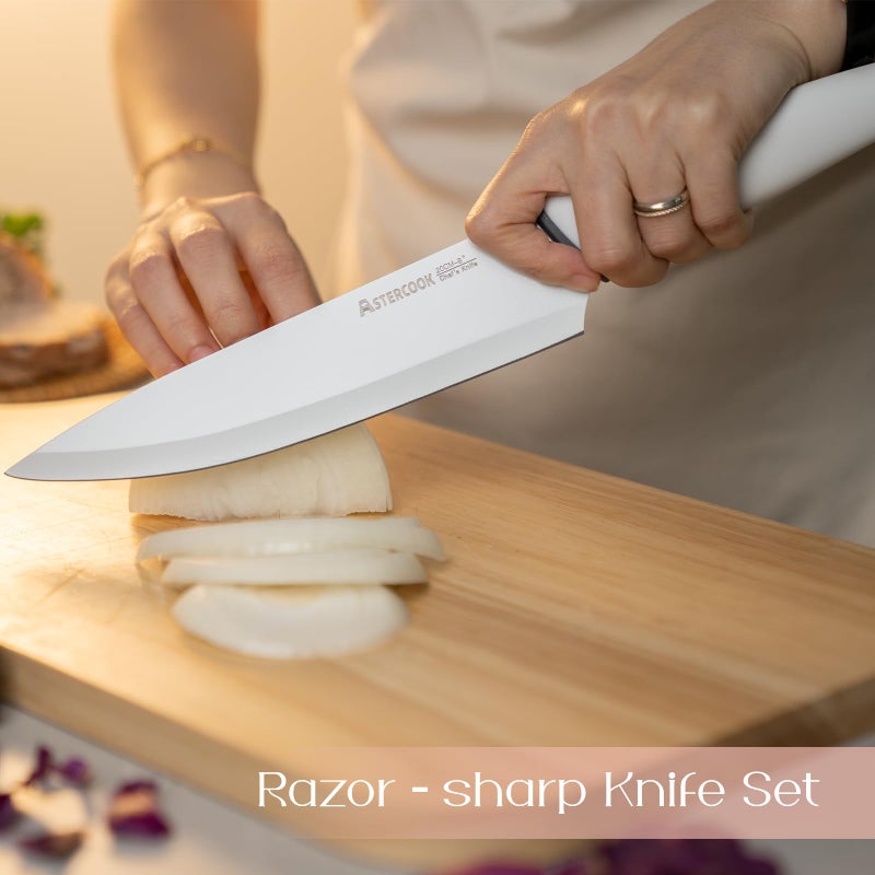 Astercook Knife Set with Block and Sharpener, 22 Piece Kitchen Knife Set Dishwasher Safe, Space-Saving Clear Knife Block with Knives for Everyday Home Cooking White - Image 3