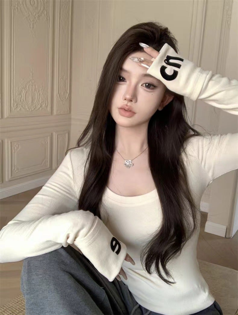 Threaded Velvet Shoulder Warm T-Shirt Women'S Sweet Spice Girl Chic Long-Sleeved Slim-Fit Base Shirt Inner Top Ins - Image 5