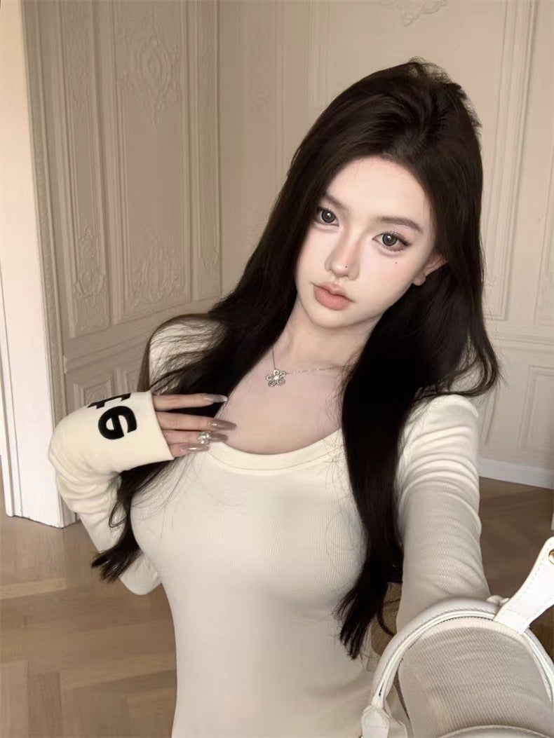 Threaded Velvet Shoulder Warm T-Shirt Women'S Sweet Spice Girl Chic Long-Sleeved Slim-Fit Base Shirt Inner Top Ins - Image 3